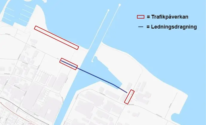 Karta som visar Lidans utlopp i Vänern samt var ledning för el och VA ska gå mellan västra och östra sidan. Även områden med trafikpåverkan är markerade.